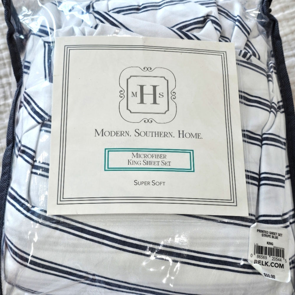 "Modern. Southern. Home." King Size Sheet Set. Navy And White Stripe. - Picture 3 of 5